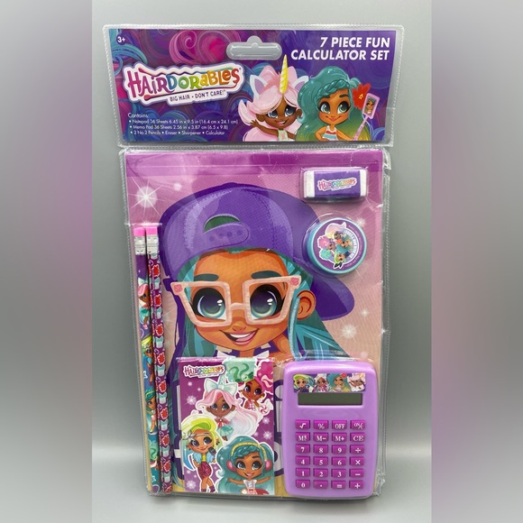 Hairdorables School Calculator Set 7 Pieces Pencils Sharpener Eraser Memo Pad - Picture 2 of 5